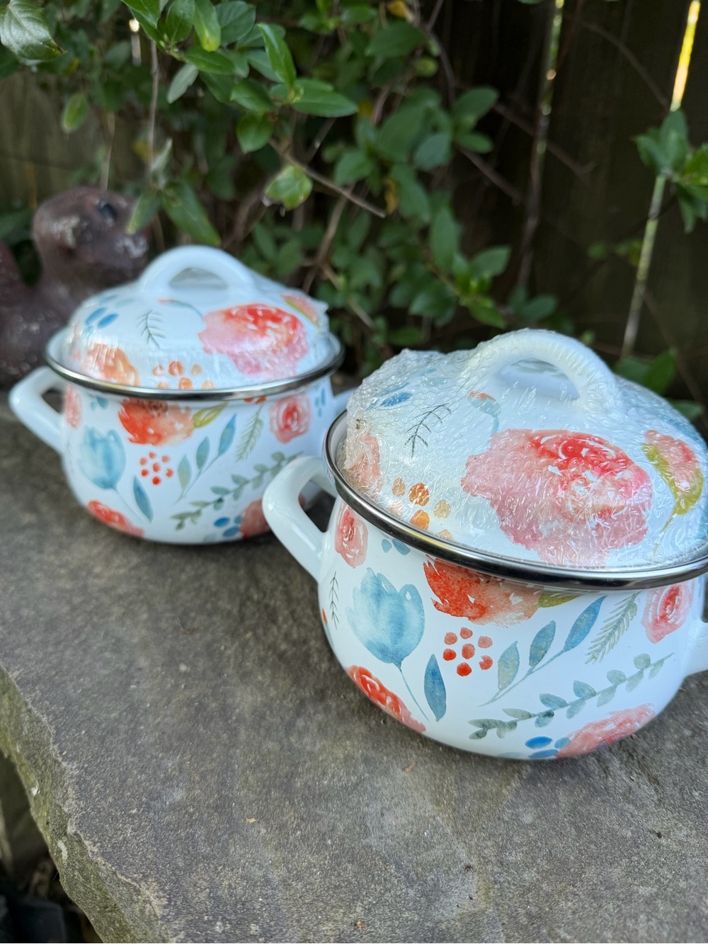 Enamel Floral Covered Casserole - White with Coral & Blue Flowers